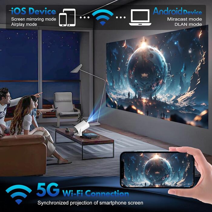 Портативний проєктор Mini Beamer: 1080P, 4K, Android, iOS, WiFi, Bluetooth, 180°