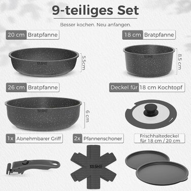 Набір каструль та сковорідок YASHE 9 шт. з антипригарним покриттям, білий (сірий), для всіх плит, знімний ручка, сумісний з духовкою, компактний, економія місця