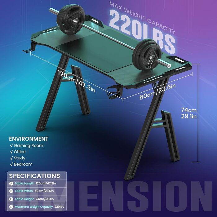 Ігровий стіл Kidsgigglz з LED підсвічуванням 120x60 см - ергономічний комп'ютерний стіл з тримачем для напоїв та гачком для навушників для дому, офісу, кутовий стіл