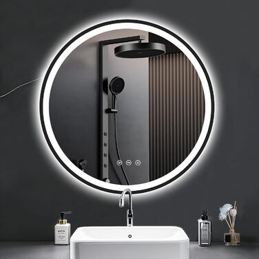 Дзеркало кругле PESENXAN 70см з підсвічуванням та чорним каркасом. Антизапарник, регулювання яскравості, 3 кольори світла, LED, сенсорне управління, функція пам'яті. Розміри: 70x70 см