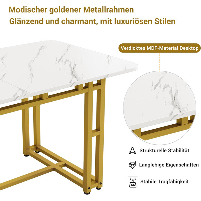 Стіл обідній Merax 140x80 см, прямокутний, з малюнком мармуру, на 4-6 осіб, металевий каркас, регульовані ніжки, для ресторану, вітальні, кухні, білий/чорний