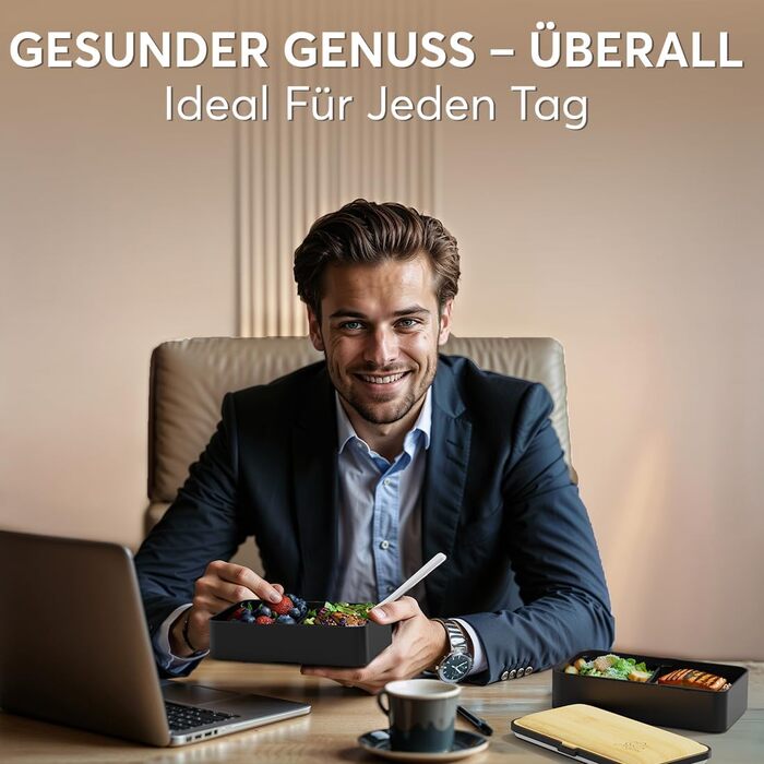 Ланчбокс Umami Lunchbox для дорослих, 1200 мл, з відділеннями та 4 столовими приборами, чорний & бежевий