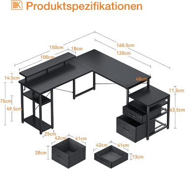 Кутовий стіл ODK 168160 см, стіл чорний, офісний стіл з полицею і шафою для зберігання, Г-подібний стіл з полицею для монітора, комп'ютерний стіл для домашнього офісу (160,5150 см)