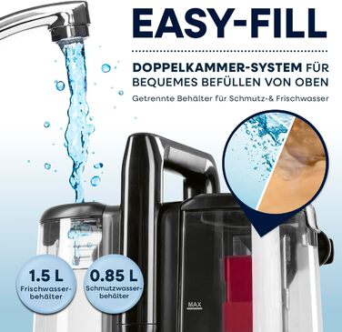 CLEANmaxx Професійний пароочисник для килимів та м'яких меблів Pro Steam | Плямистовий очищувач & EASYmaxx Засіб для килимів | Миючий пилосос для диванів, авто, килимів, м'яких меблів | Плямистовий очищувач (Чорний з шампунем, Pro 400W)