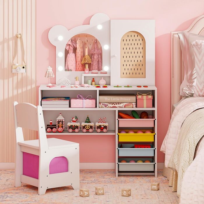 Детский туалетный столик COSTWAY в форме медведя с подсветкой, зеркалом, шкафчиком, 5 ящиками и отделениями, из дерева, для девочек от 3 лет