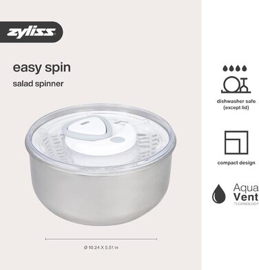 Салатниця Zyliss Easy Spin 2 з відцентровою технологією Aquavent, 6л, нержавіюча сталь, біла
