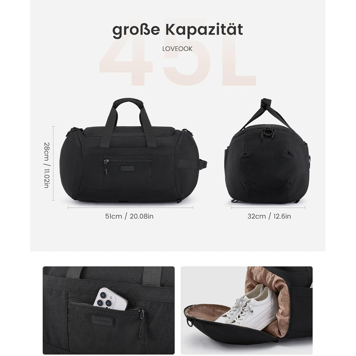 Спортивна сумка LOVEVOOK для жінок та чоловіків, велика сумка для тренувань та подорожей, 45L, з відділенням для взуття та мокрих речей, водонепроникна, з функцією рюкзака, чорна (51x28x32 см)