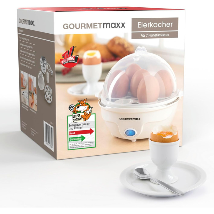 Яйцеварка GOURMETmaxx для Електрична, енергозберігаюча яйцеварка з простим керуванням для ідеальних яєць на сніданок З мірним стаканчиком і вибором яєць Компактний дизайн і не містить бісфенолу А (7 яєць, білок)