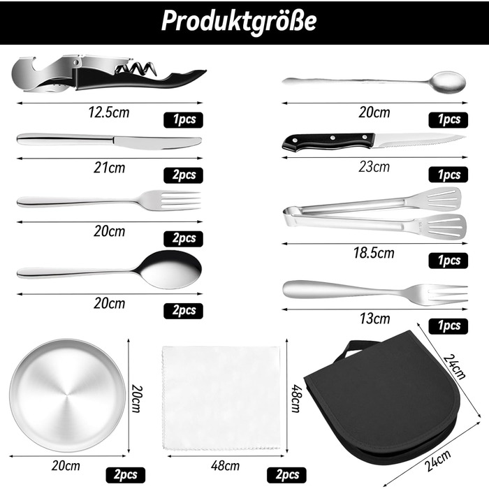 Набір кемпінгового посуду Wenosda, набір столових приборів для кемпінгу з нержавіючої сталі на 2 особи з 16 предметів, портативний вуличний посуд для кемпінгу, пікніка, з ложкою, виделкою, ножем, затискачем для посуду, відкривачкою для пляшок, ложкою для 