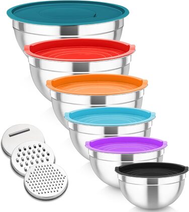 Набір салатниць TEAMFAR 6 шт. з нержавіючої сталі з кришками та силіконовим дном, багатофункціональний, для миття в посудомийній машині, 0,7Л / 1,5Л / 1,6Л / 2,5Л / 2,8Л / 4,6Л (Кольоровий, з 3 тертками)