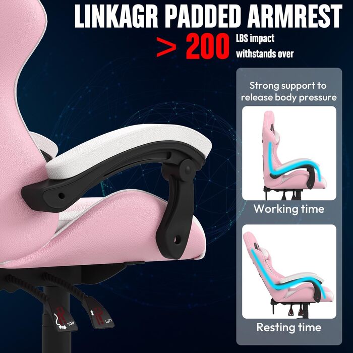Ігровий крісло Bigzzia Ergonomic з підігрівом, рожево-білий, для геймерів, комп'ютерне, з підголівником та підлокітниками