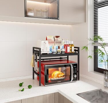 Регульована полиця для мікрохвильової печі, розширювана підставка-органайзер для кухні, з 8 гачків, (2 шт., 2-рівнева, чорна)