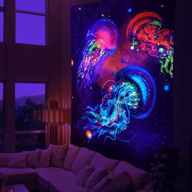 Гобелен Betylifoy з чорним світлом, УФ-реактивний гобелен із зображенням підводного світу, барвистий гобелен в стилі хіпі для спальні, естетична прикраса для дитячої кімнати (130x150 см, медуза)