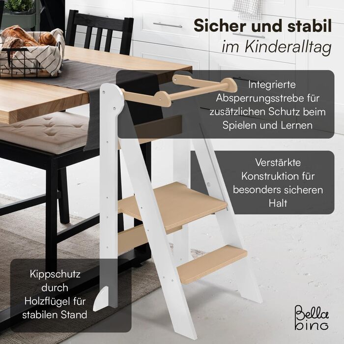 Лернтурм Bellabino Tay – навчальний столик для дітей від 1 року, регульована висота, білий, Монтессорі, з захистом від перекидання, з натурального дерева