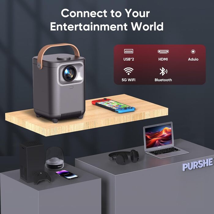 Міні проєктор Beamer Bluetooth Full HD 1080P для кіно та ігор, портативний, сумісний з iOS, Android, Windows, TV Stick, HDMI, Smartphone, ігровими консолями, USB, з пультом ДУ