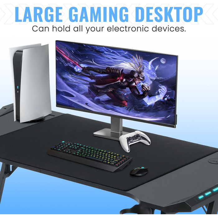 Ігровий стіл Kidsgigglz з LED-підсвічуванням 120x60 см - ергономічний комп'ютерний стіл з тримачем для напоїв та гачком для навушників. Підходить для дому, офісу та як кутовий стіл.