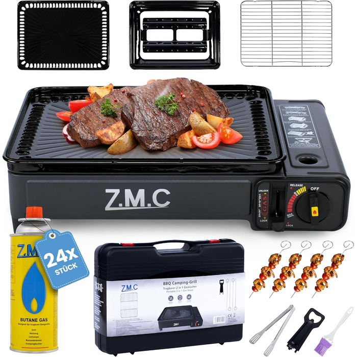Газовий набір для кемпінгу 2-в-1 Z.M.C: газовий пальник та гриль з аксесуарами та кейсом, з п'єзозапалюванням, 2.2kW, LPG, 24 картриджі