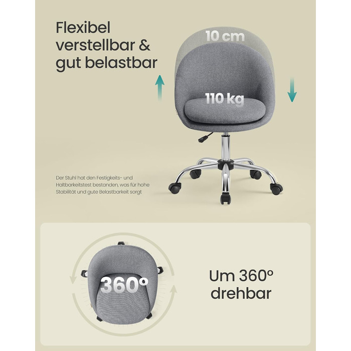 Крісло SONGMICS для офісу та дому, крісло для макіяжу, регульоване по висоті, сірий колір, тканина (OBG020G04)