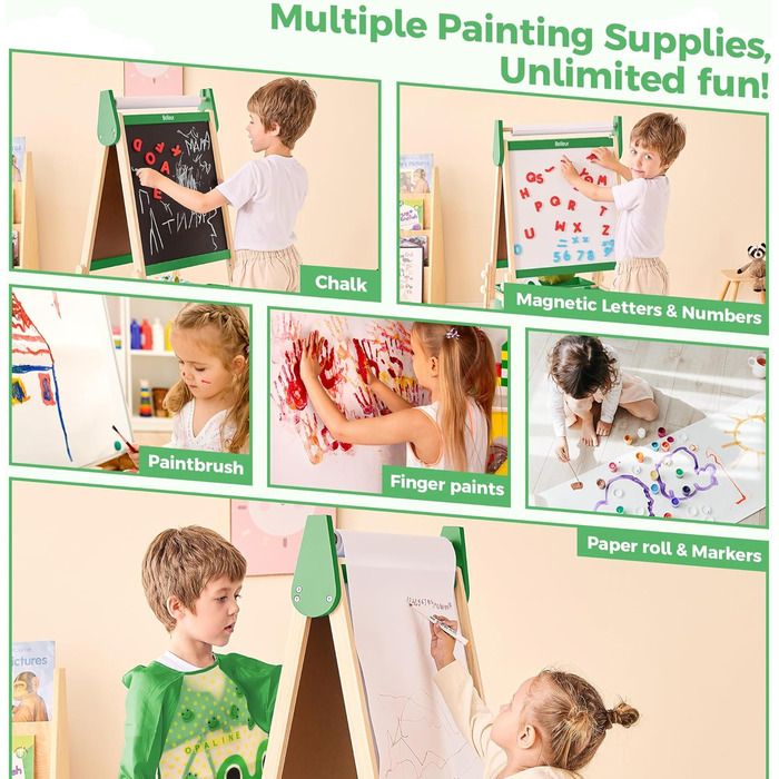 Дитяча мольберт All-in-One з 2 рулонами паперу, аксесуарами, регульована магнітна двостороння дошка для малювання з крейдою та магнітами, дошка для дітей 2-8 років, зелений