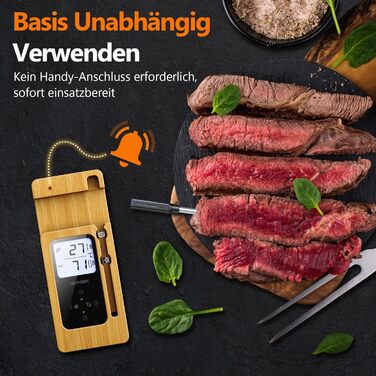 Бездротовий термометр для м'яса AIRMSEN з LCD-дисплеєм, водонепроникний (IPX8), для приготування на грилі, в духовці та BBQ, Bluetooth, 150м, керування через додаток, керамічна ручка, для гриля, духовки та BBQ, колір: дерево