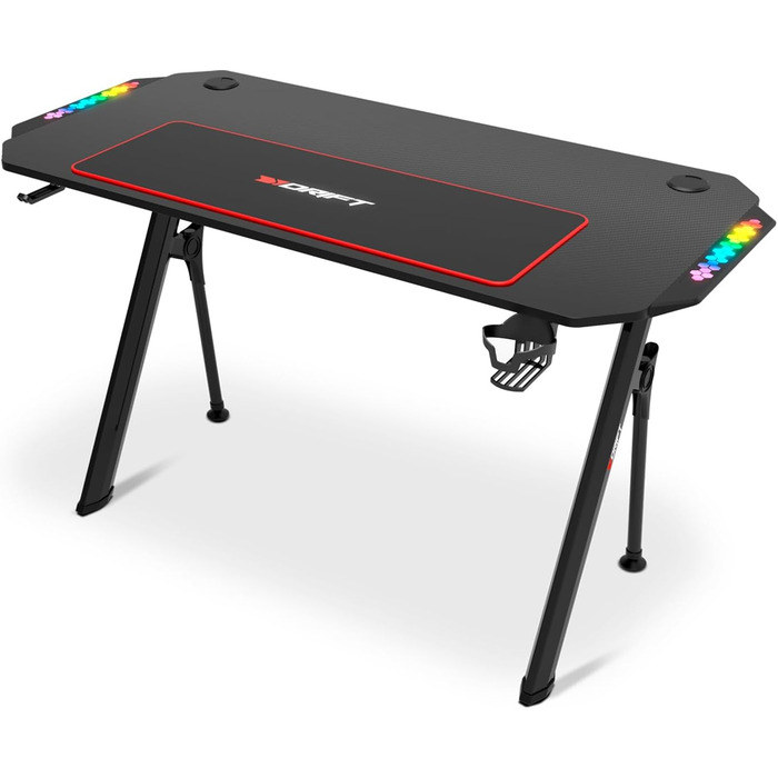 Ігровий стіл DRIFT GAMING з карбоновою поверхнею, RGB підсвіткою, підстаканниками та тримачем для навушників, чорний (DRDZ175RGB)