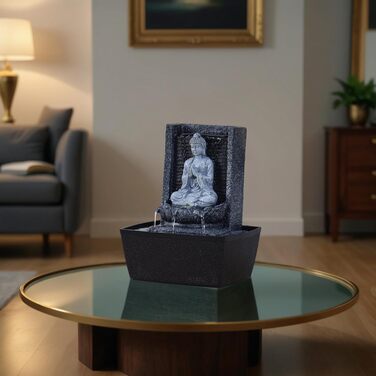 Фонтан для медитації Zen'Light Nirvana з Буддою та LED-підсвіткою. Сучасний декор для дому, Фен-Шуй, сірий, H 26 см