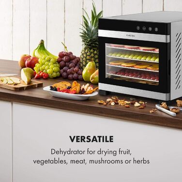 Електричний дегідратор Klarstein Flavour Dry з нержавіючою сталлю, 6 решіток, LCD-дисплеєм, таймером та 360° циркуляцією повітря