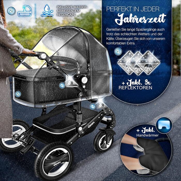 Дитяча коляска KIDUKU® 3 в 1 XXL Комплект | Комбінована коляска з люлькою, прогулянковим блоком та автокріслом. В комплекті: сумка для пеленання, підставка для ніг, грілка для рук, дощовик, столик для дитини. Колеса з повним покриттям, ECE R129 (Чорний / 