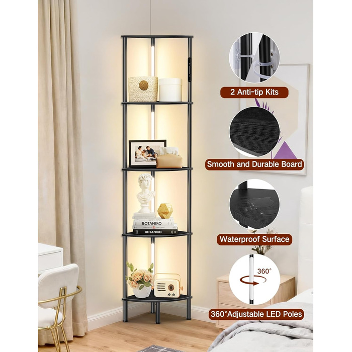LED торшер з полицею: 3 режими світла, димування (сенсор, пульт), кутова полиця 5 рівнів, вузька книжкова шафа для вітальні, спальні, офісу (чорний)