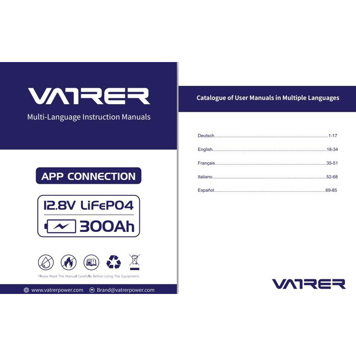 Літієва батарея VATRER POWER 12V 100AH LiFePO4 з Bluetooth, 100A BMS, 5000 циклів, 1280 Вт, захист від низької температури