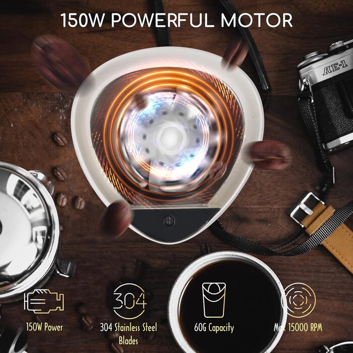 Кавомолка електрична Aigostar для кави, спецій та горіхів, нержавіюча сталь, 60г, 200 Вт, біла