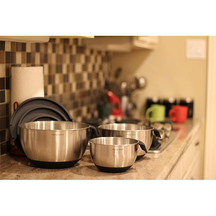 Набір місок для змішування AVACRAFT з нержавіючої сталі 18/10 з кришкою, силіконове дно, зручний виливання та мірні позначки, чорний колір
