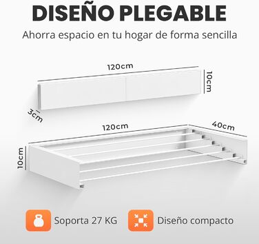 Настінна сушарка для білизни Jupplies, 120 см, розкладна, з алюмінію, 30 кг, для дому та вулиці (біла)