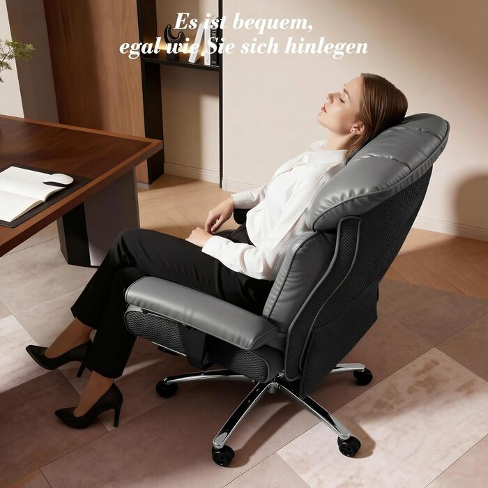 Офісний крісло Efomao XXL 200 кг з підставкою для ніг, сіре. Крісло для керівника з екошкіри, висока спинка, регульовані підлокітники, підтримка попереку для дому та офісу.
