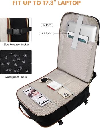 Рюкзак LOVEVOOK для ручної поклажі літака, 40L, водонепроникний, з відділенням для ноутбука 17 дюймів, для подорожей, школи, роботи, кемпінгу, чоловічий/жіночий, бежевий+чорний+коричневий