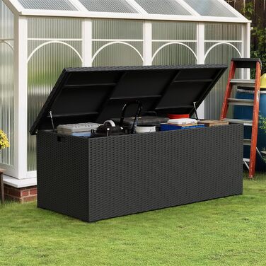 Скриня для подушок садових Polyrattan Amopatio 650л, водонепроникна, з газліфтом, чорна. Ящик для зберігання для саду та балкону