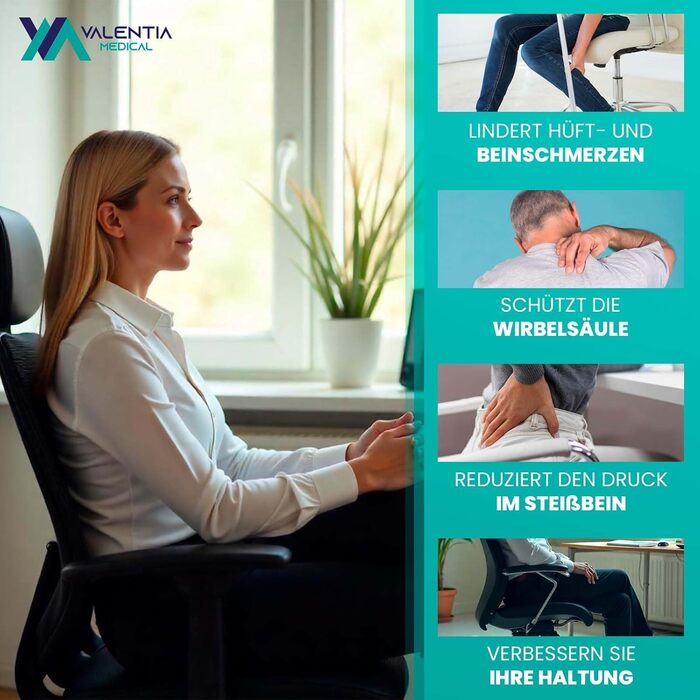 Ортопедична подушка для сидіння VALENTIA MEDICAL з піною з пам'яті – ергономічна подушка для куприка, офісного крісла, авто. Зменшує ризик пролежнів, геморої та болю в спині