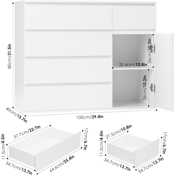 FOREHILL Комод білий з 5 шухлядами та 1 дверцятами, 100x40x80 см. Комод для спальні, вітальні, кабінету, передпокою