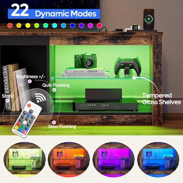 Тумба під TV Bestier, 160x35x52 см, для телевізорів до 65 дюймів, з RGB-підсвічуванням, керуванням кабелів та регульованою скляною полицею (140 см + розетка), колір - коричневий