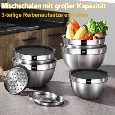 Набір мисок для перемішування 5 шт. з нержавіючої сталі, набір салатників з герметичними кришками, 3 насадки-тертки, об'єм 4.5L, 2.7L, 1.6L, 1.1L, 0.7L, скляні, розбірні, можна мити в посудомийній машині