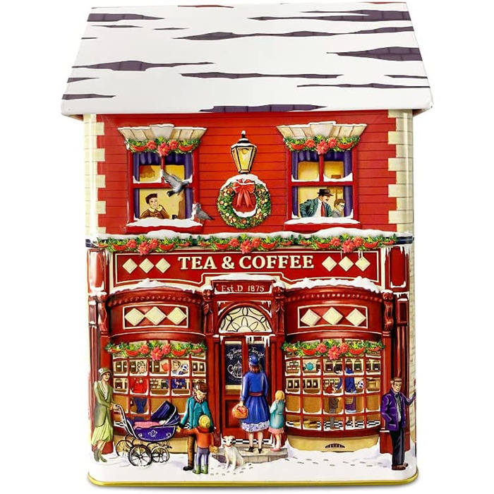 Жерстяна коробка у формі таунхауса Маленький будиночок з навісом Коробка для печива декоративна коробка Банка, приблизно 12 х 7,5 х 15 см Об'єм 1000 мл (зимовий чай і кава)