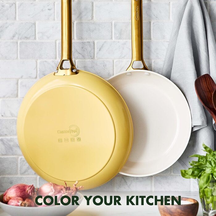 Набір сковорідок GreenPan Hartelox з антипригарним покриттям Ceramic, 25.4 см та 30.5 см, золотий ручка, без PFAS, придатні для миття в посудомийній машині, для духовки, колір Sunrise Yellow