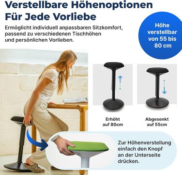 Ергономічний стілець-хокер для офісу та дому, регульована висота 55-80 см, зелений, з ефектом балансування