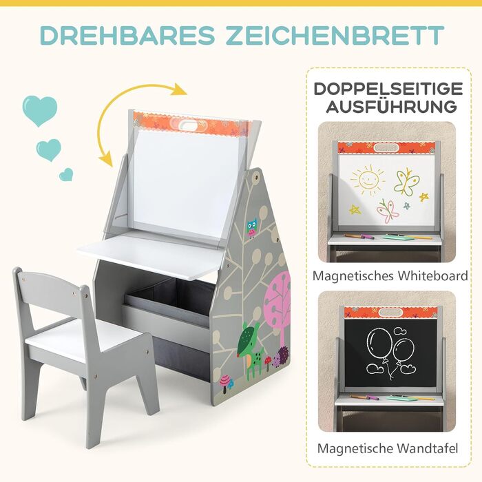 Дитячий набір 3 в 1 Dreamade: стіл, стільчик, книжкова полиця та контейнер, з магнітною дощечкою, сірий