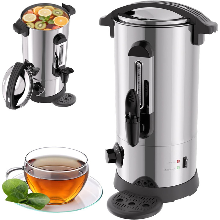 Глювайновий нагрівач з 10 чашками | 1500W нагрівач гарячих напоїв з нержавіючої сталі з термостатом 30–110°C, функцією підігріву та краном | Глювайновий автомат для вечірок (8л, срібний)