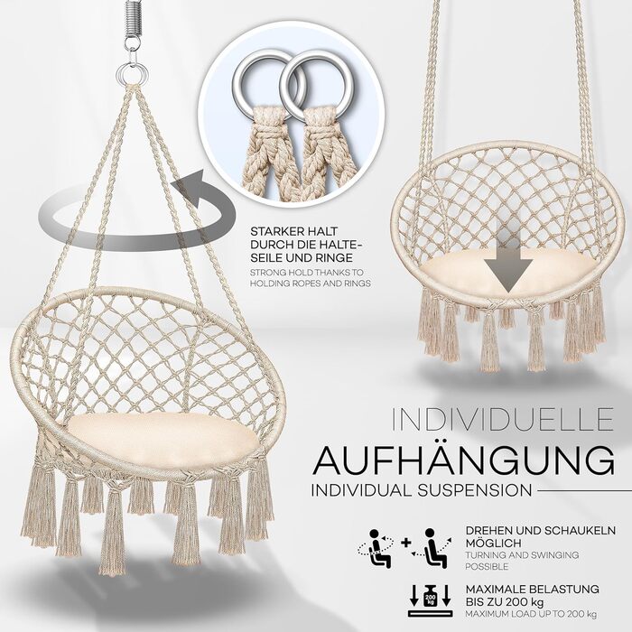 Крісло-гойдалка Tillvex для дому та саду | Міцний плетений гамак на 200 кг | З подушкою, бежевий | Для відпочинку на свіжому повітрі