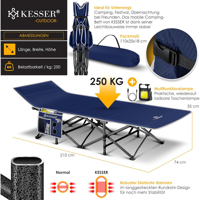 Кемпінгове ліжко KESSER Табірне ліжко Розкладне ліжко Кемпінговий шезлонг з сумкою для перенесення, кемпінгове світло бічна сумка Міцне похідне ліжко 250кг пружна металева труба 600D Оксфордська тканина Портативний шезлонг для подорожей зручний темно-сині