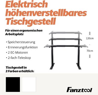 Електричний столовий стіл FANZWORK з 2 Bosch-двигунами, вантажопідйомність 100 кг, регулювання висоти, пам'ять, USB-C, кабель-менеджмент, чорний