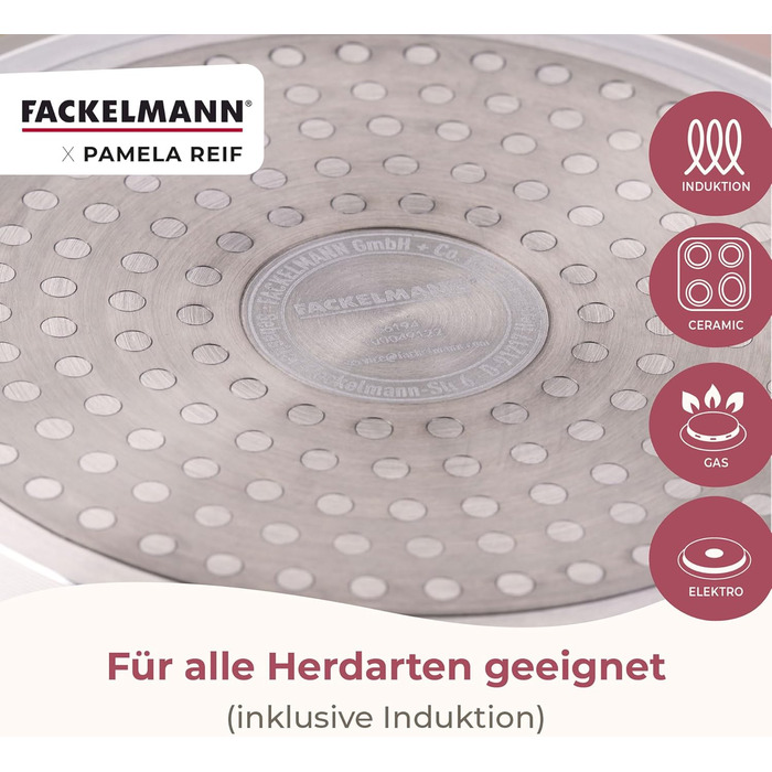 Набір сковорідок Fackelmann x Pamela Reif 3 шт. (20, 24, 28 см) – з переробленого алюмінію, бежевий, керамічне покриття без PFAS, стійке до 160°C, для всіх типів плит