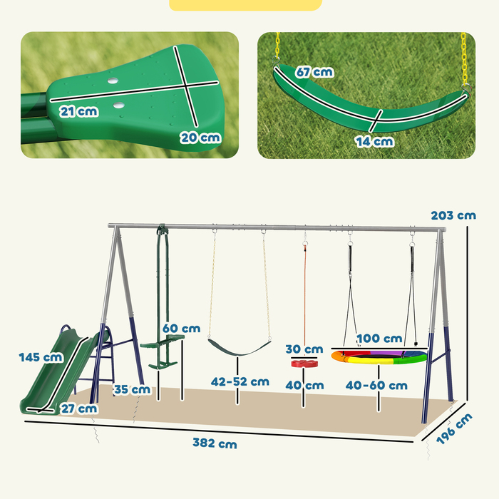 Комплекс для ігор 5-в-1 з гіркою, регульованою по висоті, з сітчастою гойдалкою, розміром 382x196x203 см, багатокольоровий